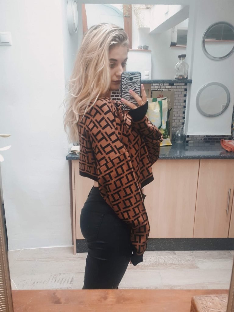 Brown Black Patterned Long Sleeve Crop Jumper