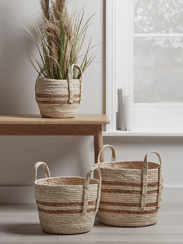 wicker baskets, japandi interior design