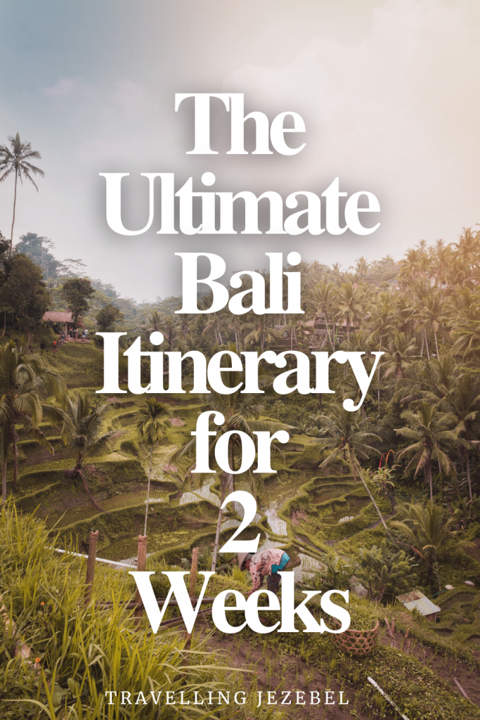 The Ultimate Bali Itinerary for 2 Weeks. From luscious rice paddies to jagged cliffs, sacred temples and pristine beaches, this petite Indonesian island really does have it all, and if you’re planning a trip to Bali, it can be difficult to know where to begin.With this in mind, I decided to put together a Bali itinerary that will help you plan a wonderful 2 weeks in Bali. #bali #baliitinerary 