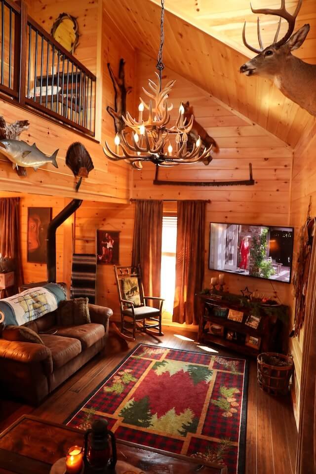 living room of a cosy wooden cabin 