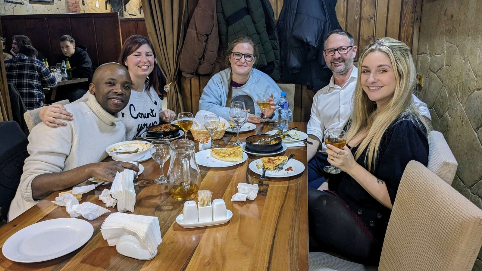 a group of friends in a restaurant